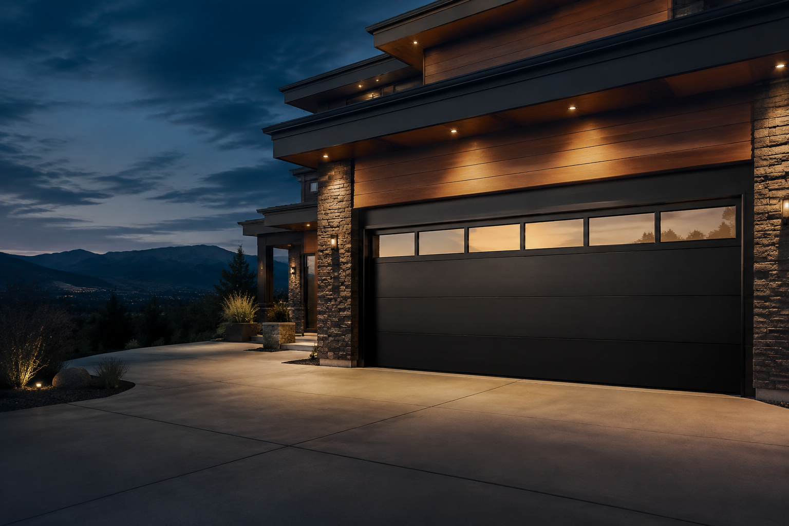Modern charcoal garage door on a Colorado home at dusk
